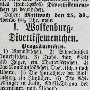1. Wolkenburg Divertissementchen - Divertissementchen 1874 - Zeitungsausriss mit Einladung zum ersten Divertissementchen