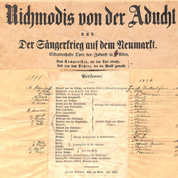 Richmodis von der Aducht und der Sängerkrieg auf dem Neumarkt - Divertissementchen 1875 - Titelseite der Original-Paritur mit handschriftlichen Notizen zur Besetzung