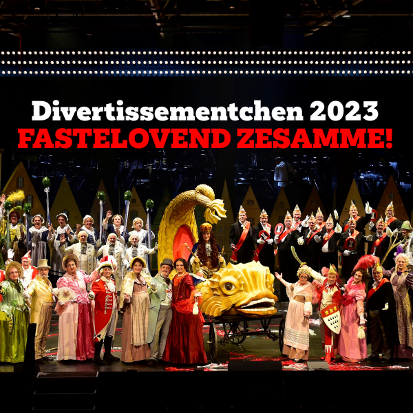 Fastelovend zesamme! - Divertissementchen 2023 - Gruppenfoto aller Sänger und Tänzer im Bühnenbild
